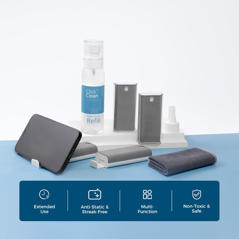 CLICK CLEAN Screen Cleaner Kits - 4 All-in-One Mist Cleaner with 4 oz Refill, 1 Microfiber Cloth(7.8 x 7.8in), 1 Mini Funnel, and 1 Sprayer - for All Phones, Laptop and Tablet Screens - Image 2